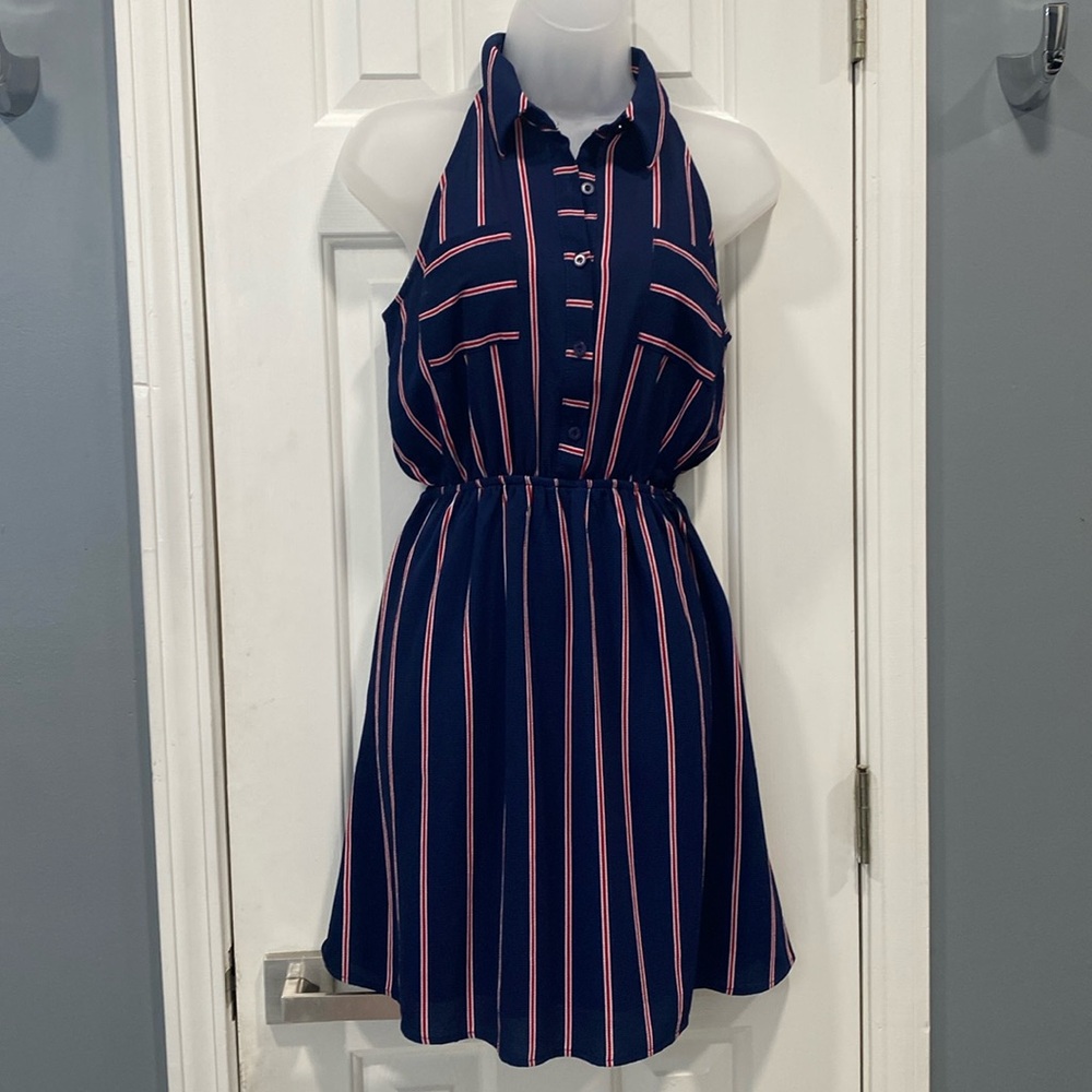 NWT Monteau Dress Womens Navy Red Striped Halter A Line Mini Casual  size M